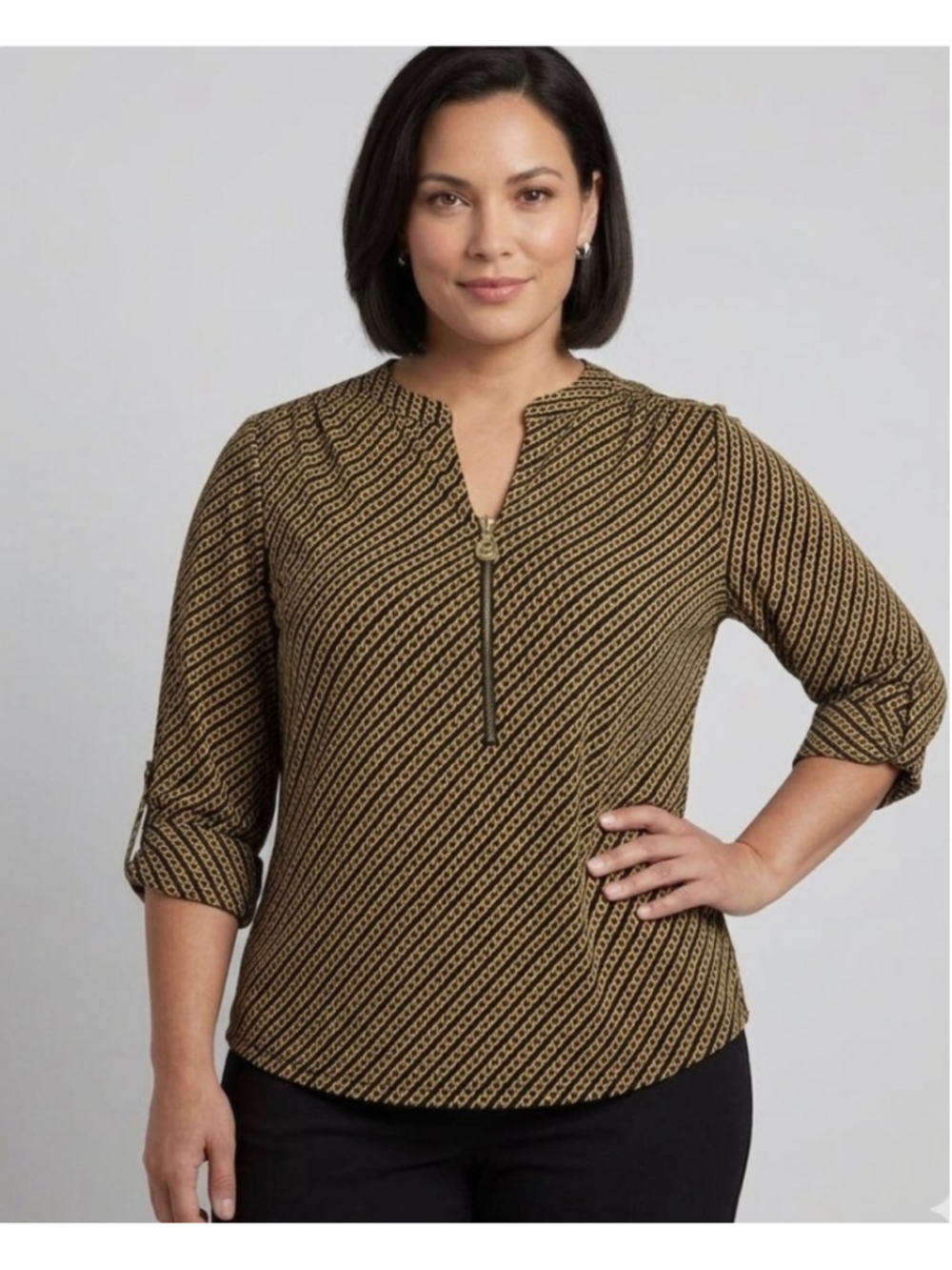 Women's Michael Kors Blouse 1X Black Gold Chain Print Zip Neck Top 2010